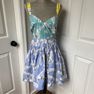 Anthropologie Maeve Babydoll Mini Dress 16W  Birds Open Back Blue Fit & …